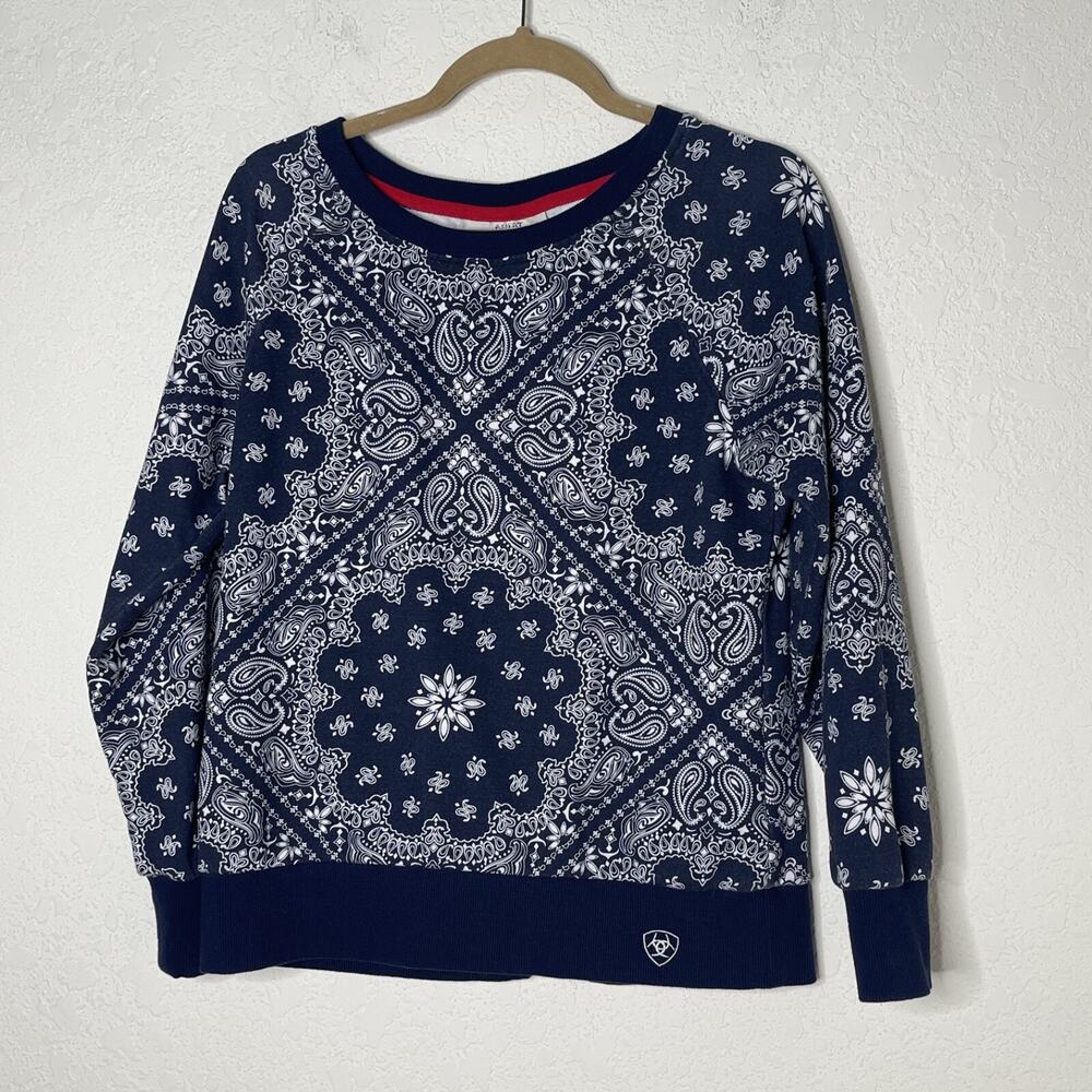 Ariat R.E.A.L Bandana Print Womens Sweater Top Size M Blue White